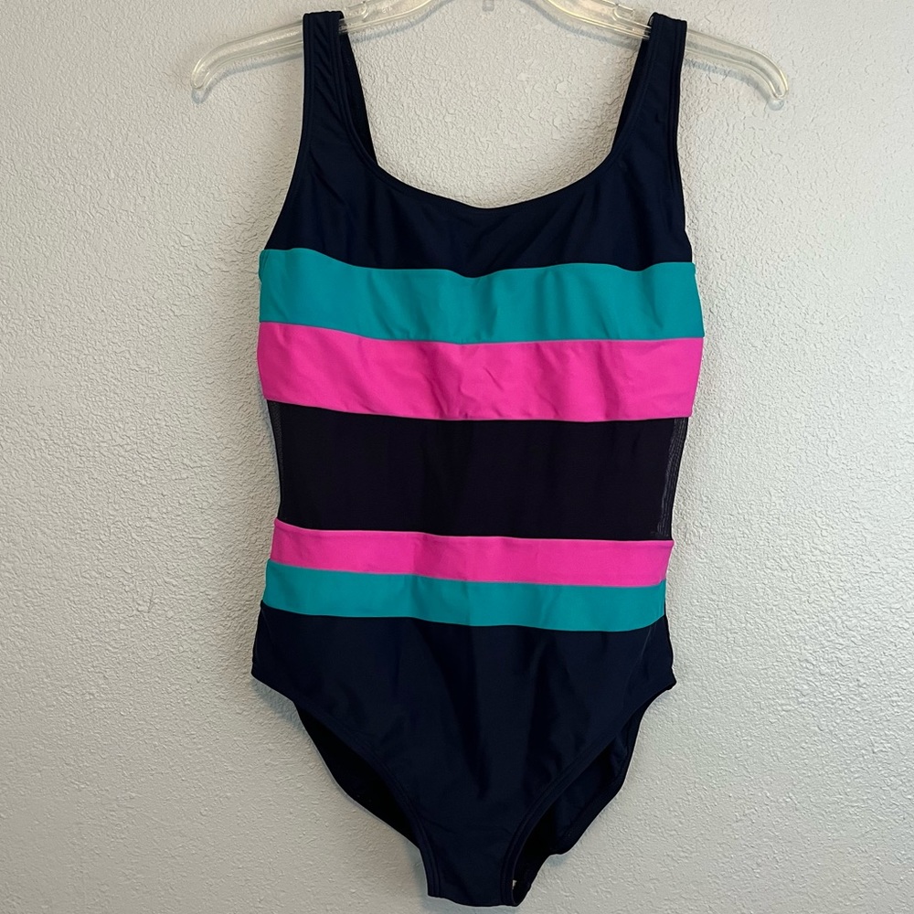 Beach Diva one piece pink and blue stripes swimsuit with mesh midriff Size 14